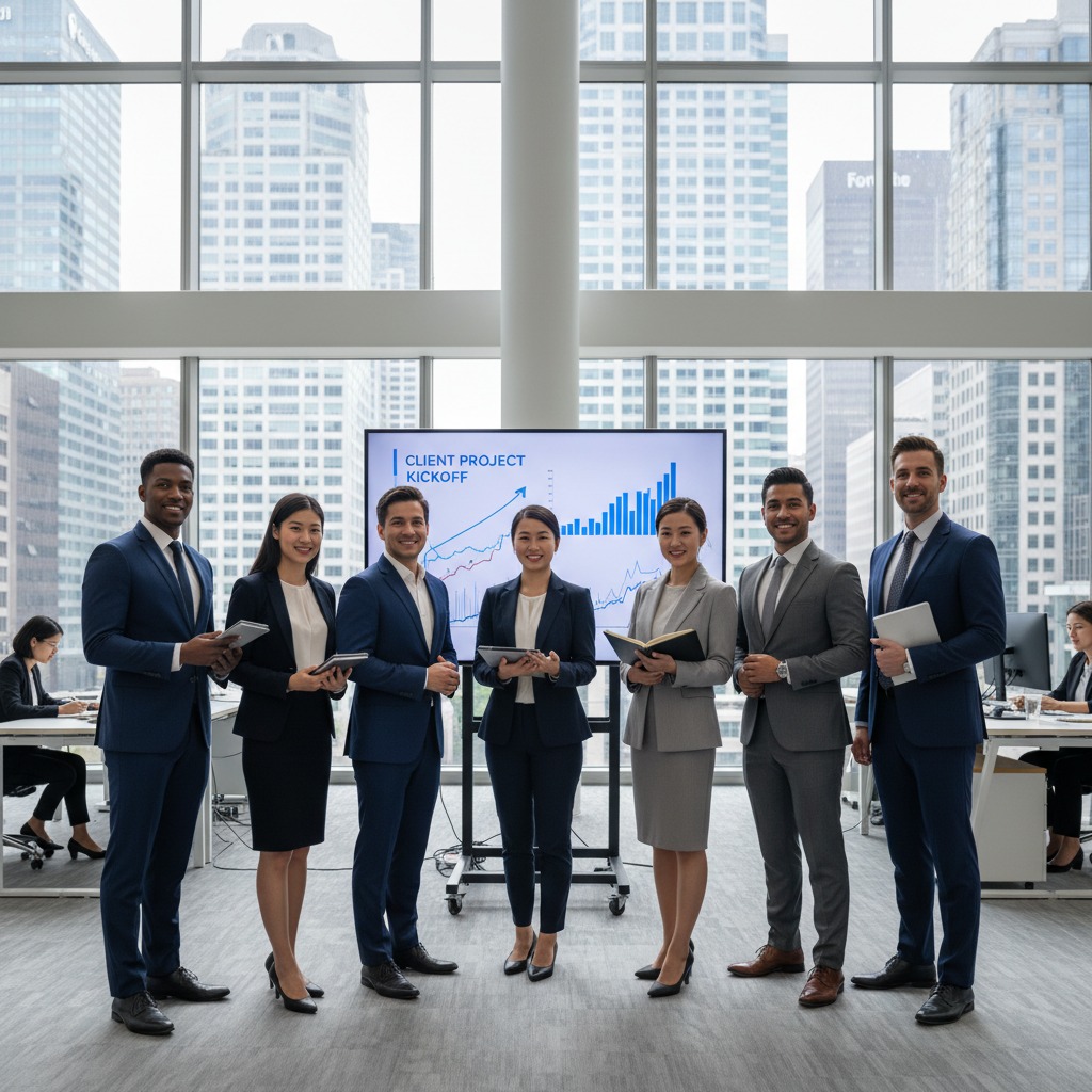 a team of business professionals, happy ready to work their client, women and men of different ethnicities that are interested in working in offices and fortune 500 businesses